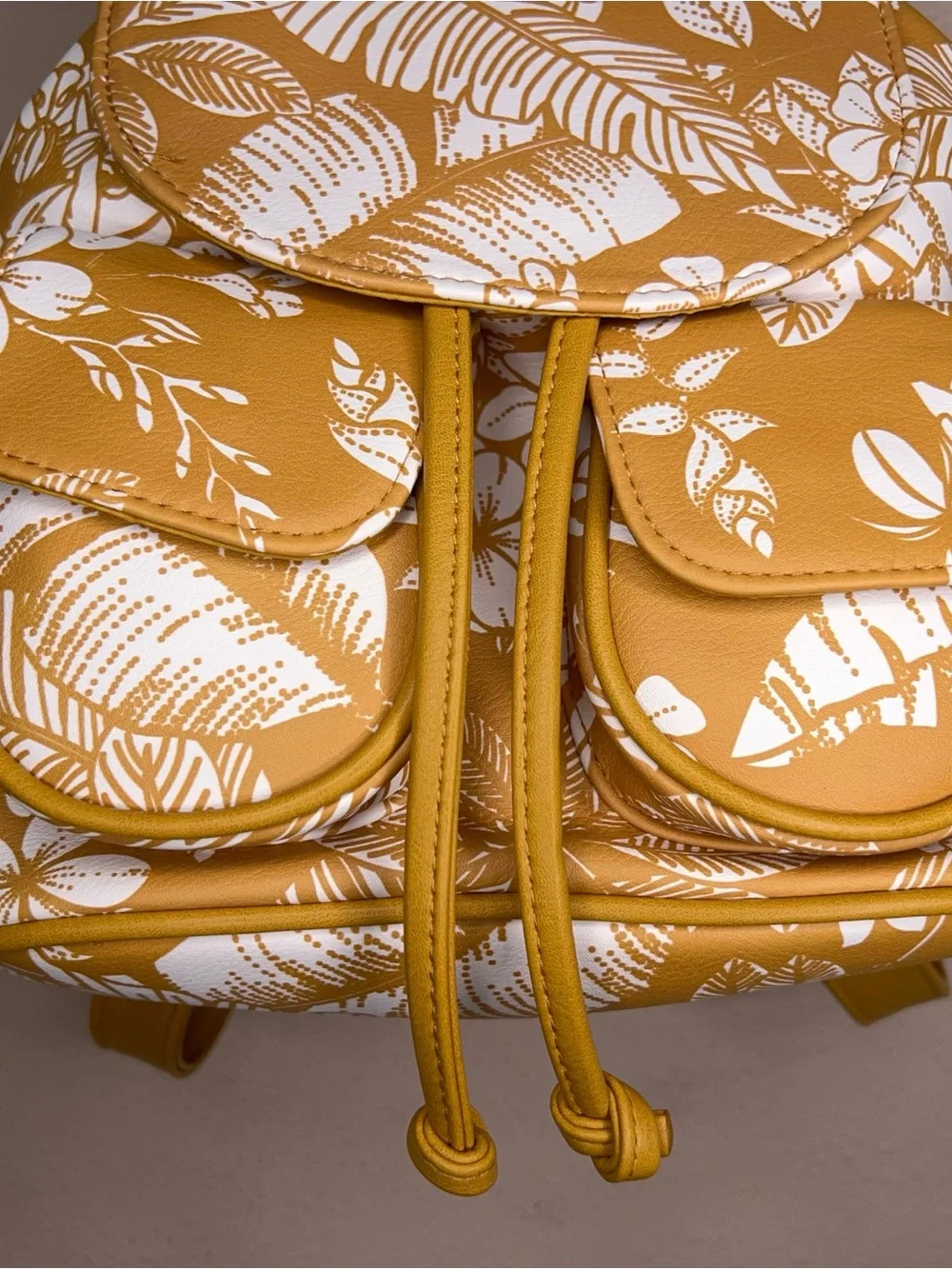 New Mustard Yellow Tropical Floral Print Small Backpack Purse Vegan Faux Leather